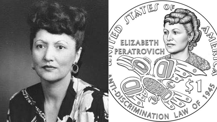 Elizabeth Peratrovich is seen in an undated photo from the Alaska State Archives. On the right an illustration of a 1 coin in her honor was released by the U.S. Mint in October 2019.