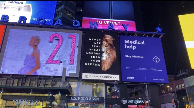 CELEBRITY ARTIST CHRIS FABREGAS SHUTS DOWN TIMES SQUARE WITH INSPIRATIONAL BILLBOARD