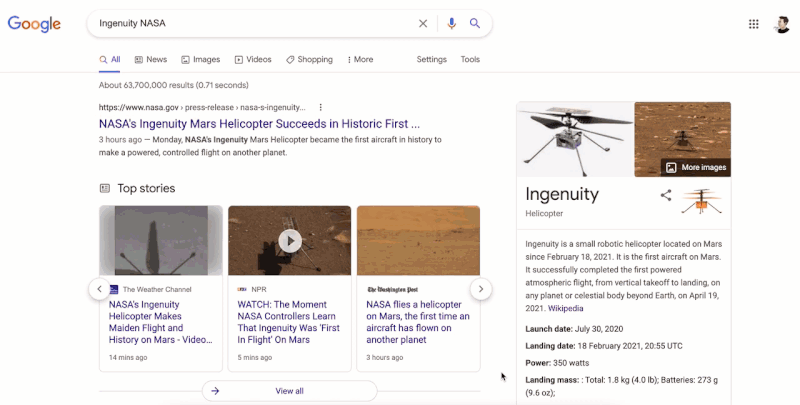 Google Easter egg is celebrating the NASA Mars helicopter Ingenuity first flight success with animation on its homepage by searching Ingenuity NASA