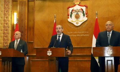 Jordanian Egyptian and Iraqi foreign ministers discuss opportunities to boost the trilateral cooperation mechanism